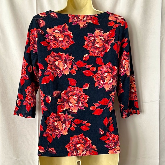 Croft and Barrow Navy Blue/Pink 3/4 Sleeves Cotton Shirt Top Size M - Picture 2 of 4